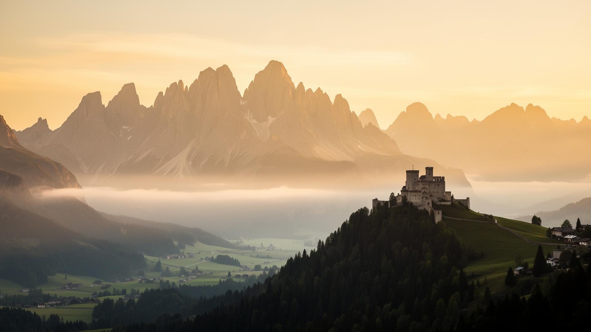 Dolomitas ao amanhecer com castelo antigo